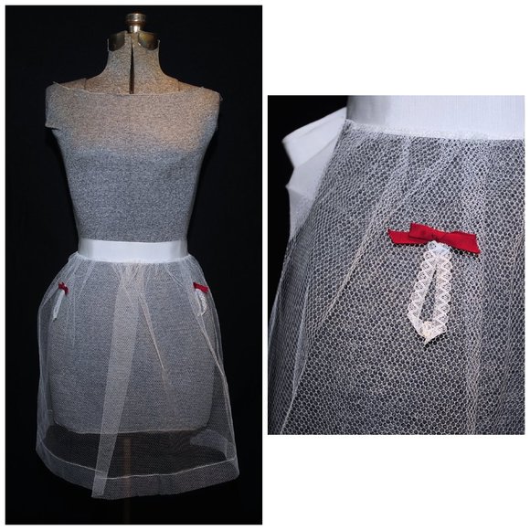 Vintage 50's White Tulle Sexy Hostess Half Apron Red Ribbon Detail Bridal Shower - Picture 8 of 8